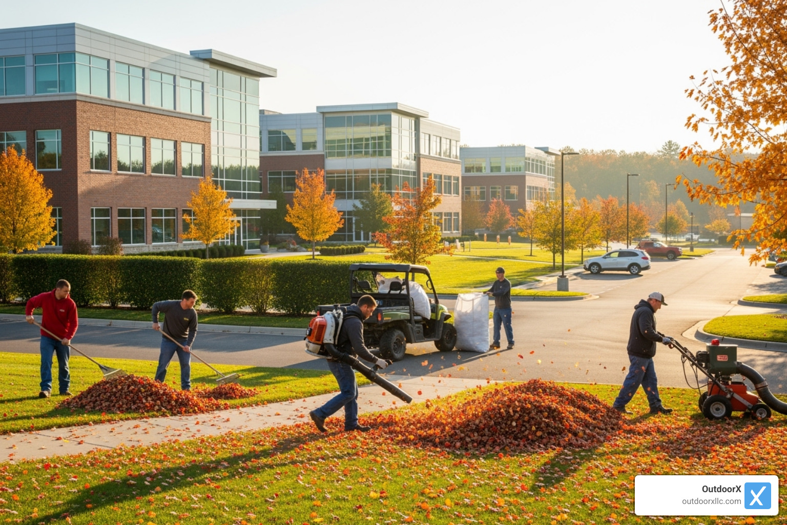 team performing a fall leaf cleanup on a large commercial property - commercial outdoor services
