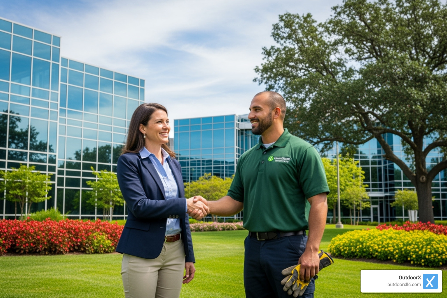 property manager shaking hands with a uniformed landscape professional - commercial outdoor services