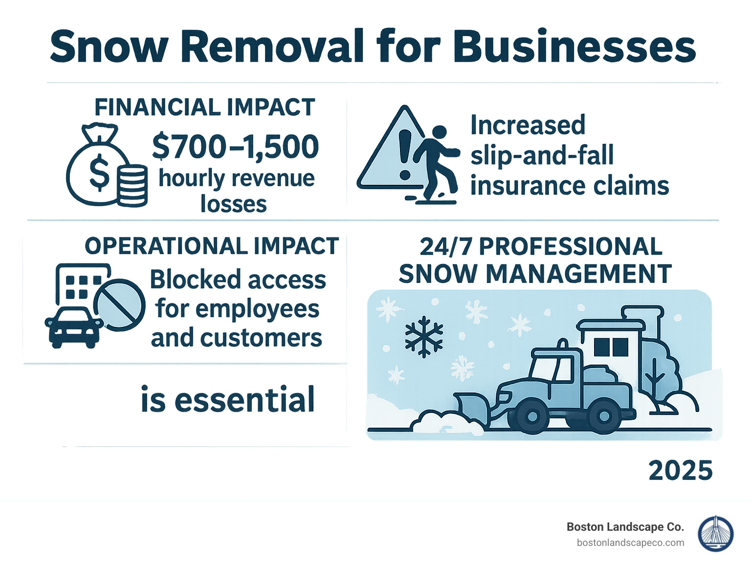 Infographic showing the financial, safety, and operational impacts of snow on businesses including hourly revenue losses of $700-1500, increased slip-and-fall insurance claims, blocked access for employees and customers, and the importance of 24/7 professional snow management services - Snow removal for businesses infographic 