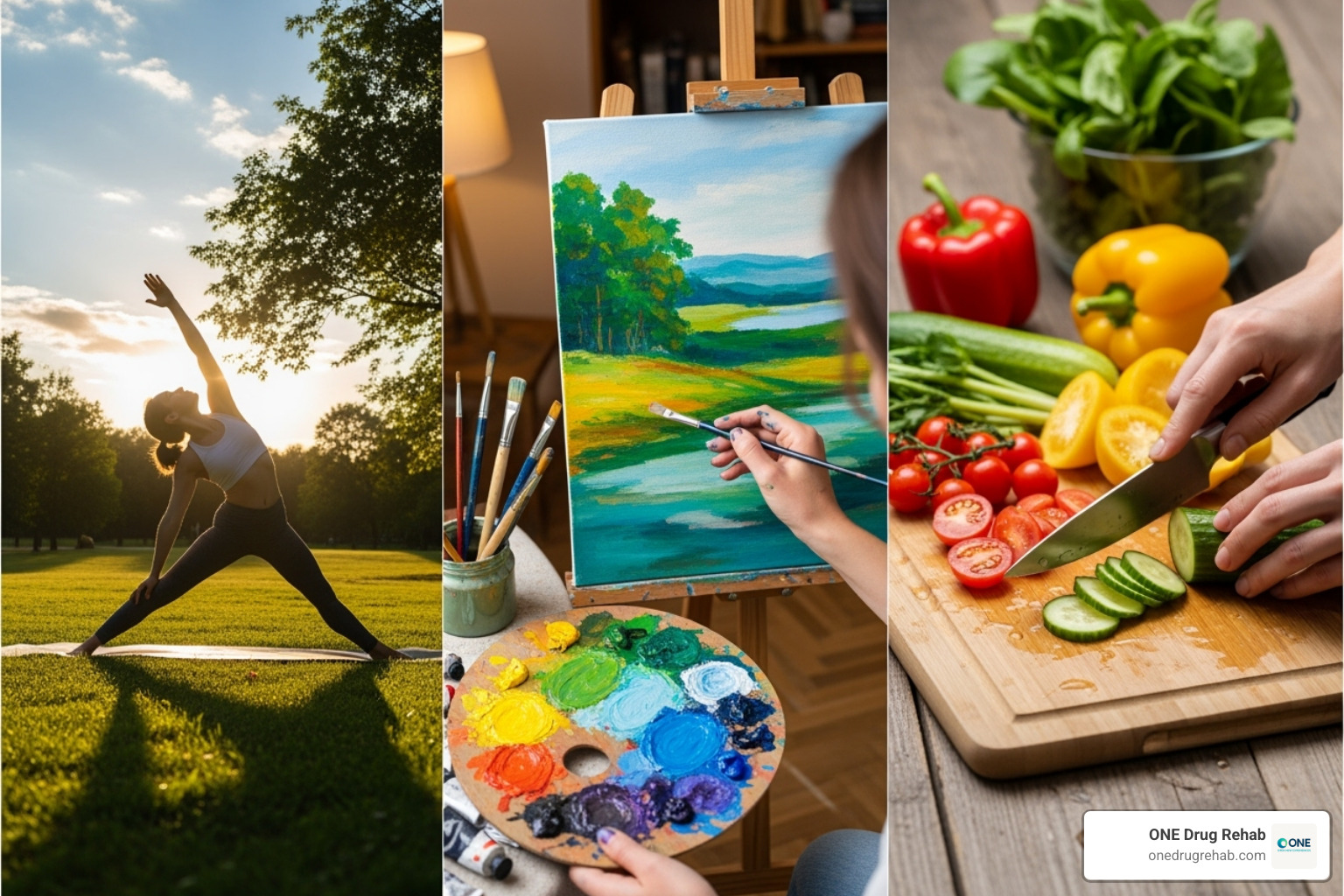 Collage of holistic activities including a person doing yoga outdoors, someone painting, and healthy food being prepared - holistic treatment services Collage of holistic activities including a person doing yoga outdoors, someone painting, and healthy food being prepared - holistic treatment services