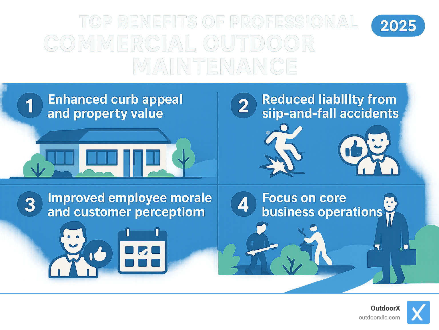 Infographic showing the top 5 benefits of professional commercial outdoor maintenance: 1) Improved curb appeal and property value, 2) Reduced liability from slip-and-fall accidents, 3) Improved employee morale and customer perception, 4) Year-round business continuity, 5) Focus on core business operations while experts handle exterior maintenance - commercial outdoor services infographic 