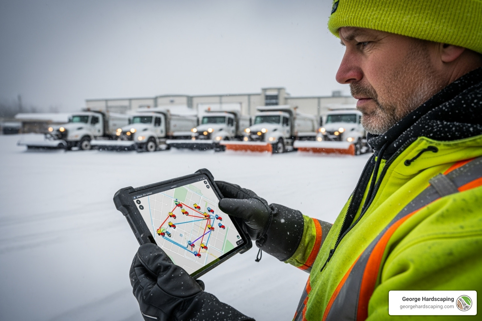 A snow removal manager using a tablet with GPS tracking software to monitor the progress of their fleet during a snow event. - commercial snow plowing services near me