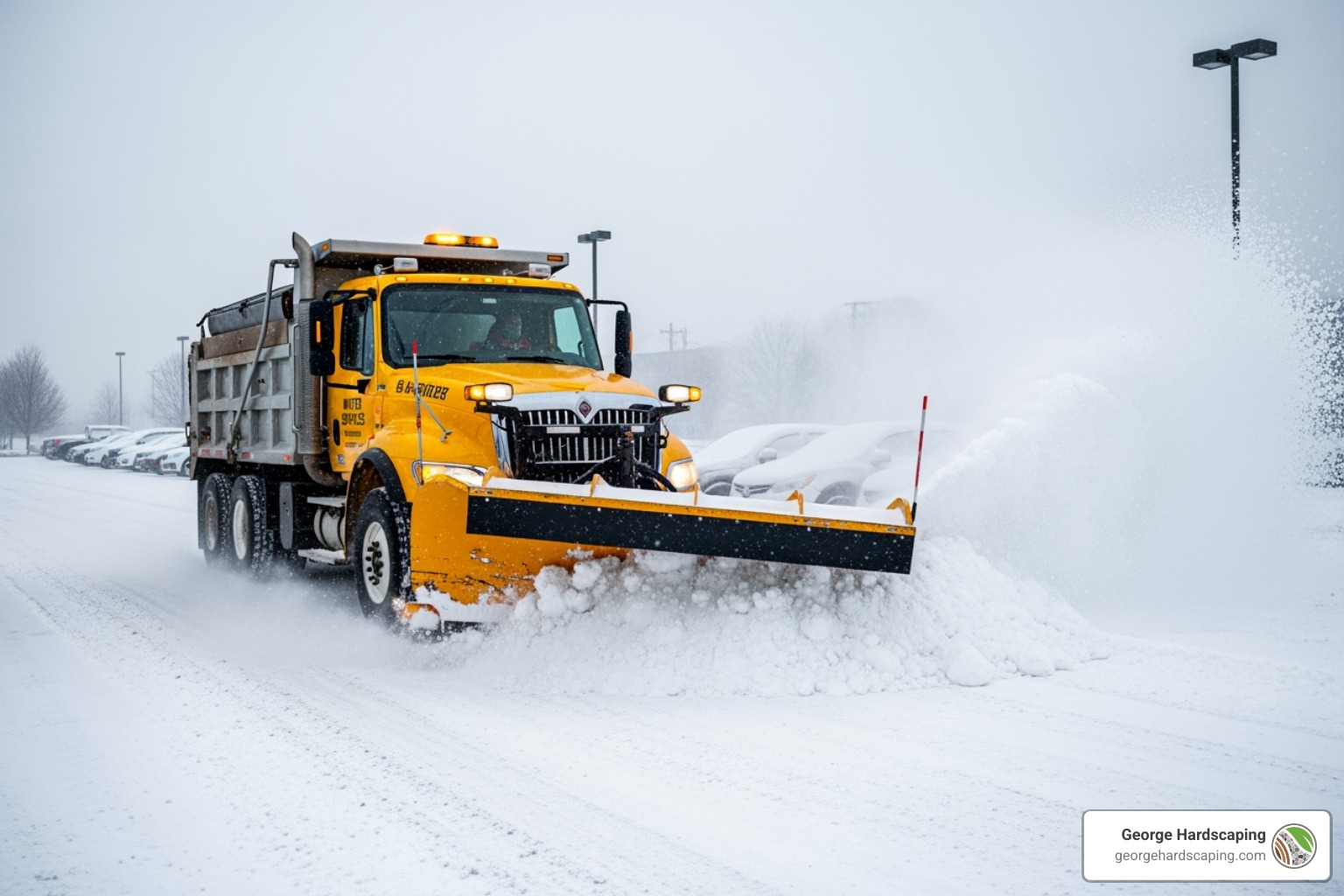 A commercial snow plow truck actively clearing heavy snow from a large business parking lot during a winter storm. - commercial snow plowing services near me