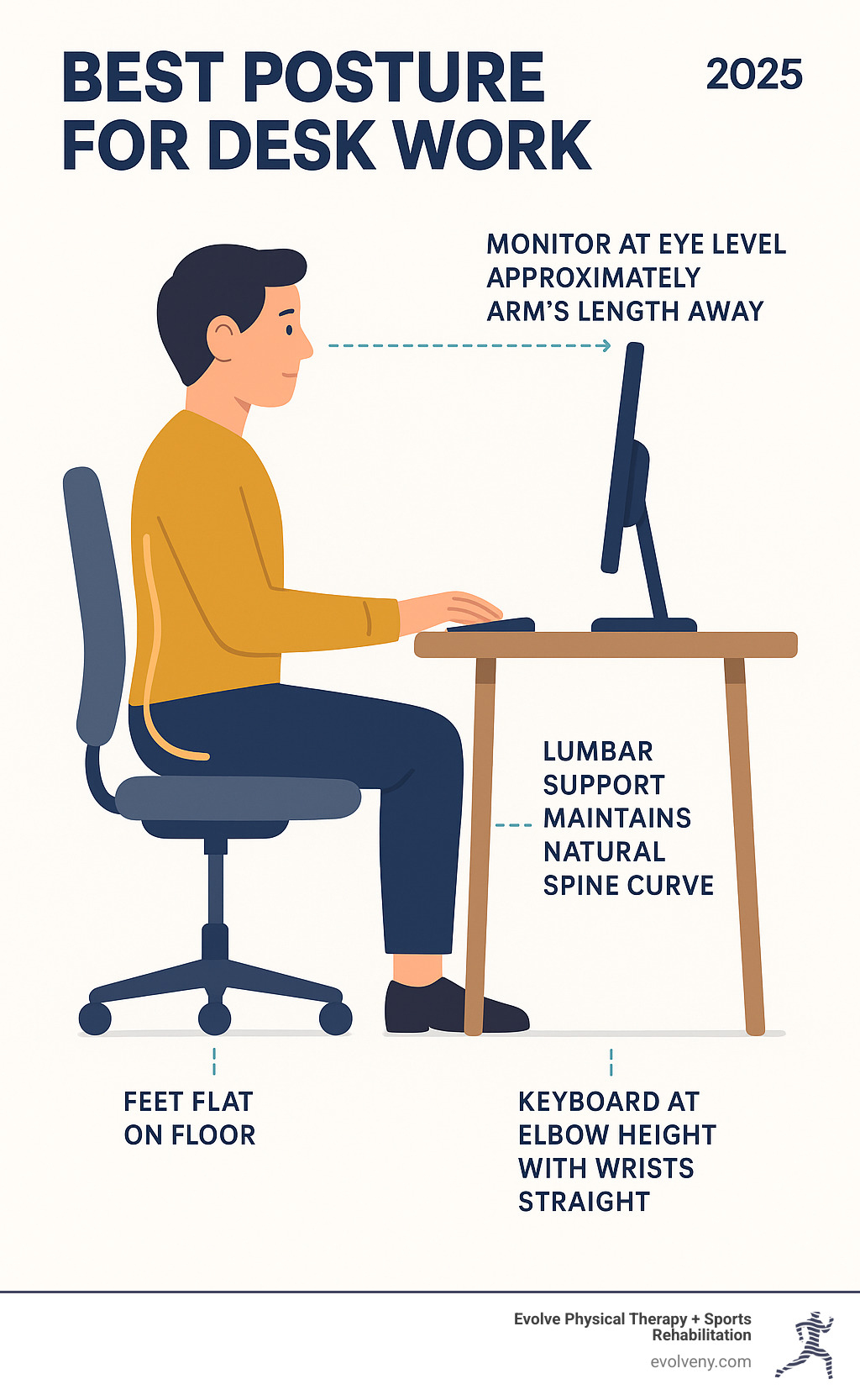 Infographic showing proper desk ergonomics with chair height adjusted so feet are flat on floor, monitor positioned at eye level approximately arm's length away, keyboard at elbow height with wrists straight, and lumbar support maintaining natural spine curve - best posture for desk work infographic 