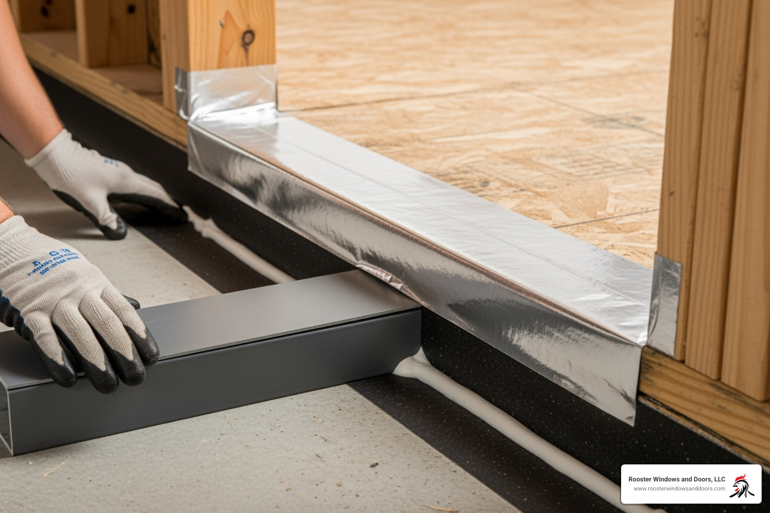 a sill pan being installed with flashing tape in a rough opening - installing vinyl sliding glass door