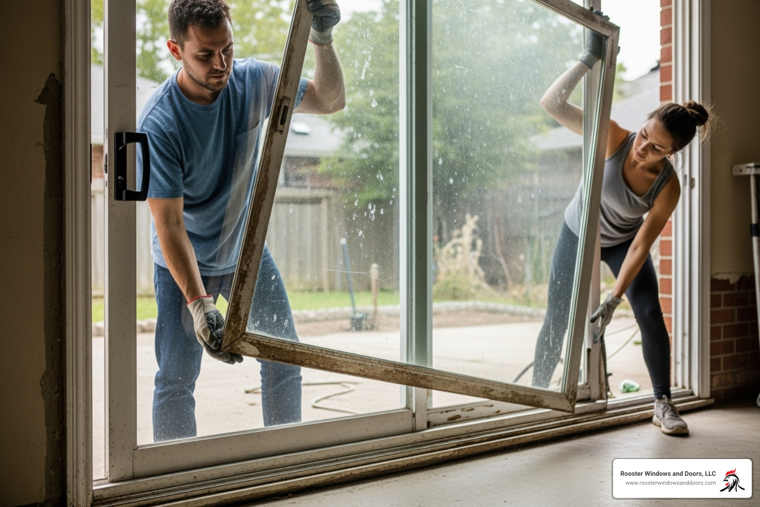removing an old sliding door panel from its track - installing vinyl sliding glass door
