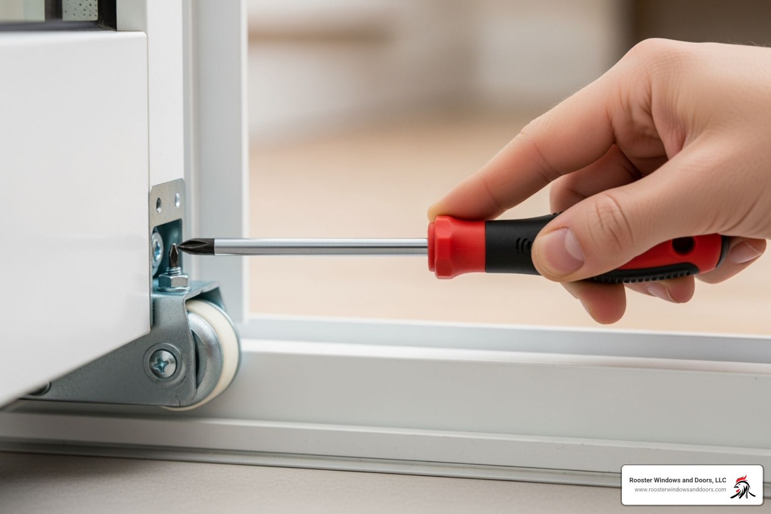 adjusting the rollers on a vinyl sliding door with a screwdriver - installing vinyl sliding glass door