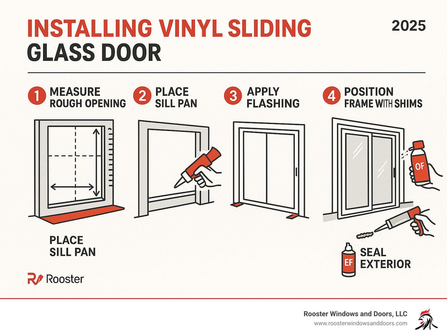 Infographic showing the essential components of vinyl sliding door installation including rough opening measurements, sill pan placement, flashing application, frame positioning with shims, and final sealing steps with low-expansion foam and exterior caulk - installing vinyl sliding glass door infographic 