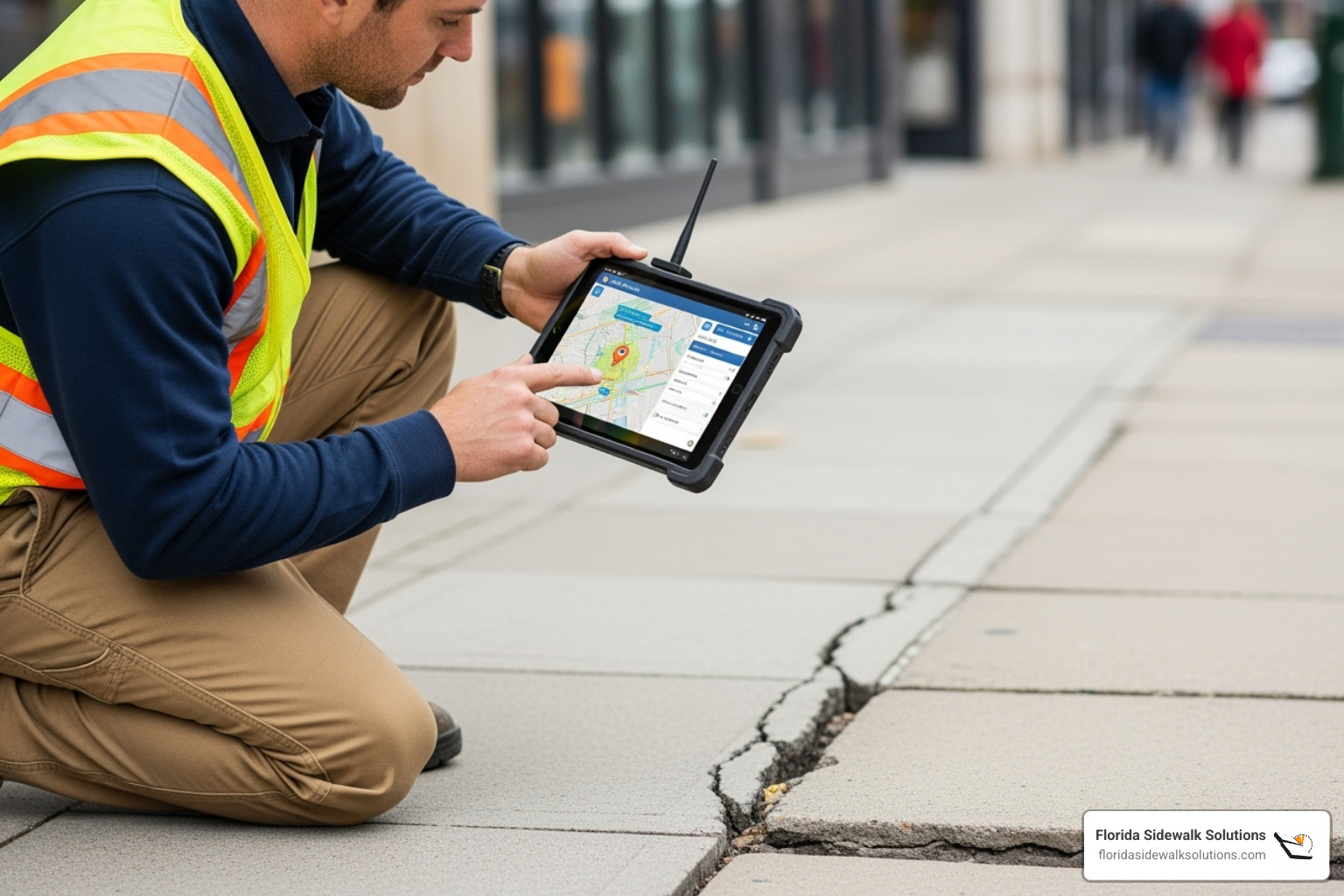 Technician using a tablet to log a sidewalk hazard with GPS data - trip hazard removal
