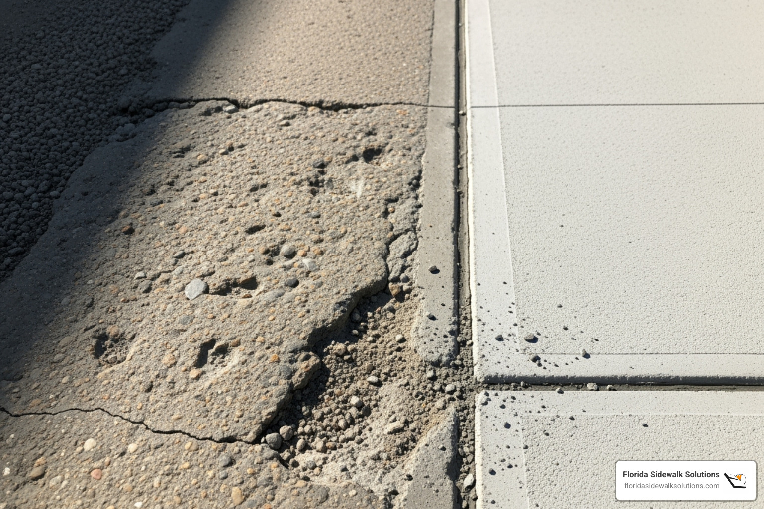 Rough, abraded sidewalk surface next to a clean, precisely cut sidewalk repair - trip hazard removal