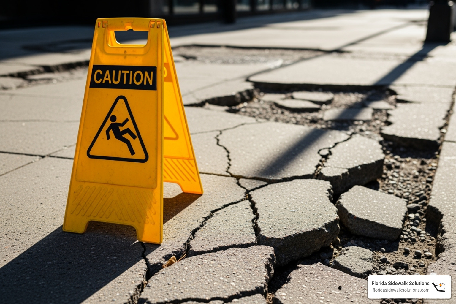 Caution: Uneven Surface sign next to a cracked sidewalk - trip hazard removal