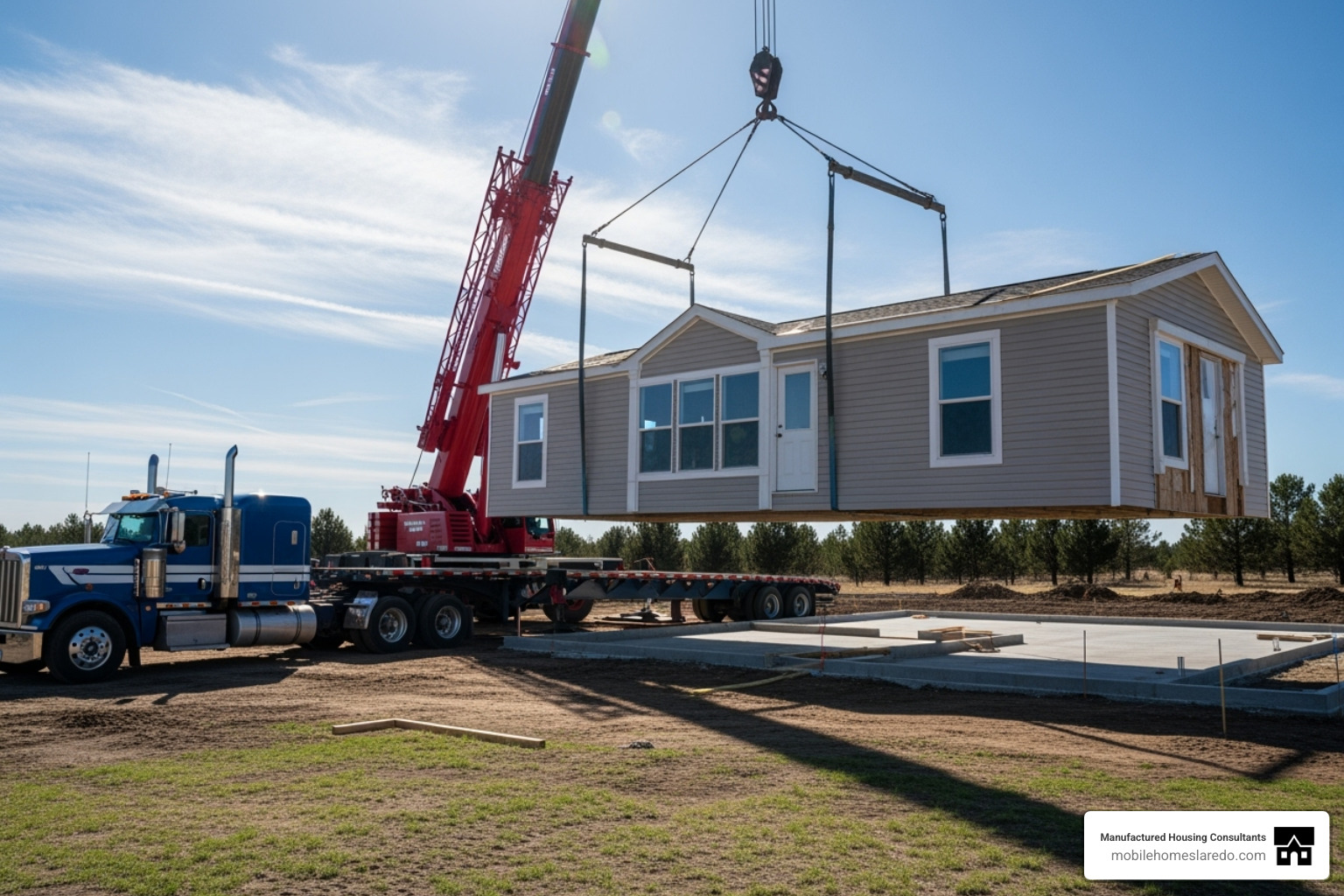 double wide section being delivered to a prepared site - brand new double wide trailer double wide section being delivered to a prepared site - brand new double wide trailer