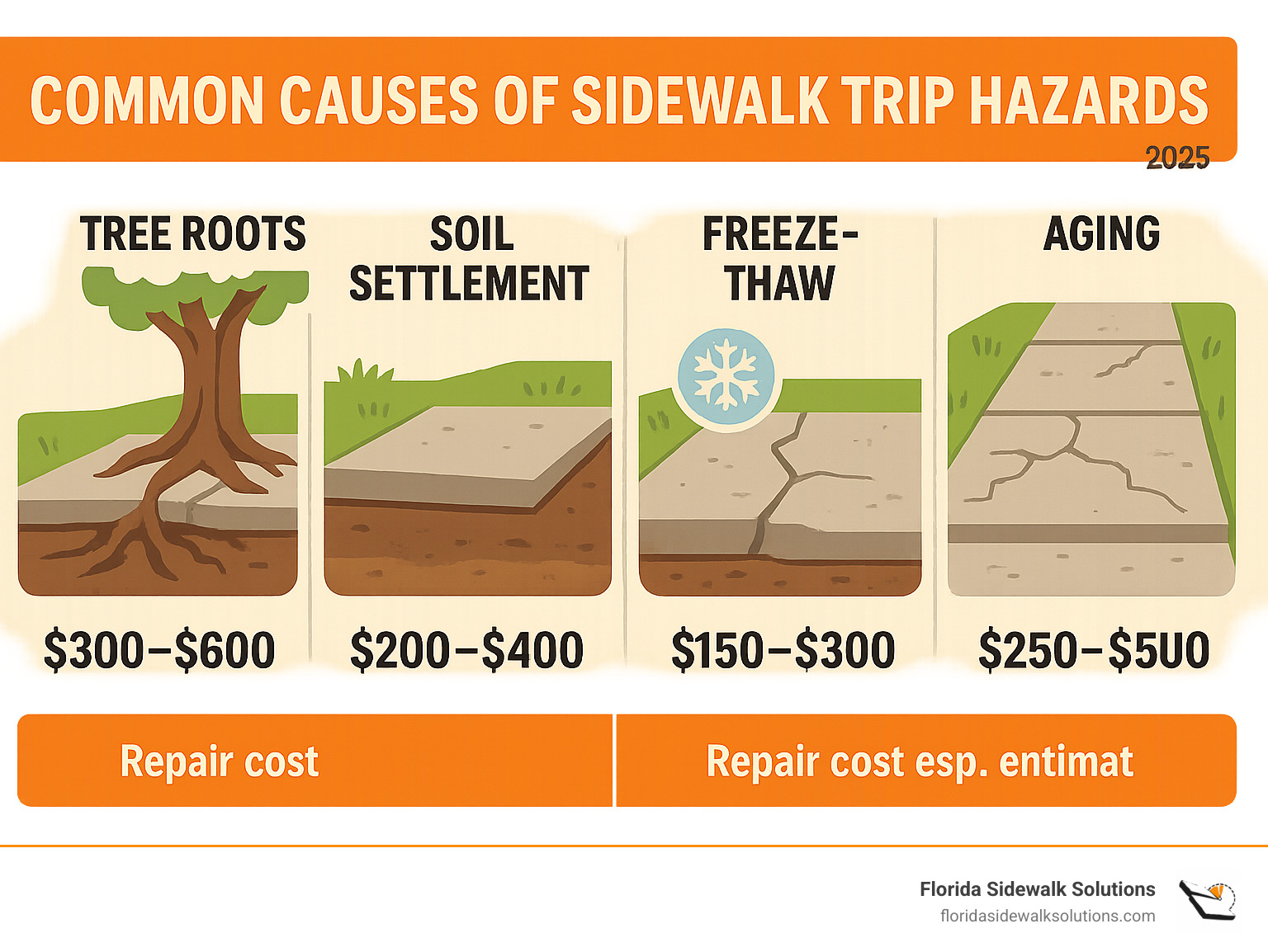 Comprehensive infographic showing the most common causes of sidewalk trip hazards including tree root growth pushing up concrete slabs, soil settlement and ground compaction causing panels to sink or shift, freeze-thaw weather cycles creating cracks and uneven surfaces, and natural aging of concrete infrastructure, with visual examples of each cause and their typical repair costs - trip hazard removal infographic 
