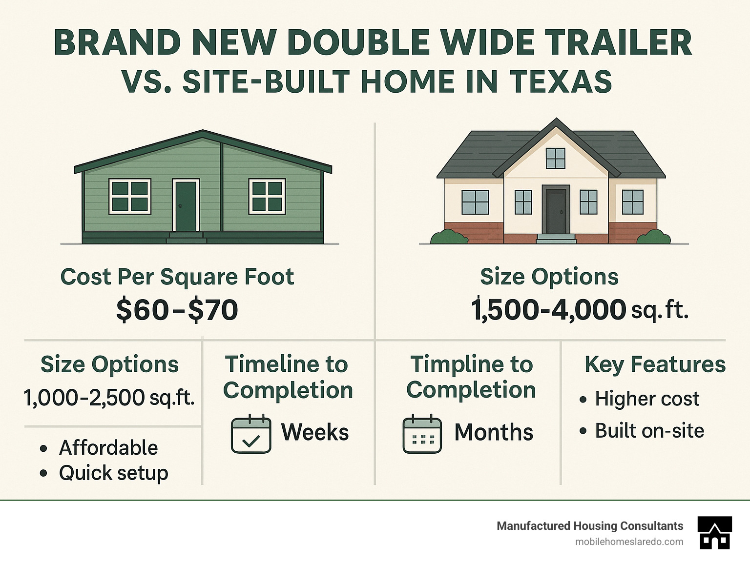 Infographic comparing the cost per square foot, size options, timeline to completion, and key features between brand new double wide trailers and traditional site-built homes in Texas - brand new double wide trailer infographic  Infographic comparing the cost per square foot, size options, timeline to completion, and key features between brand new double wide trailers and traditional site-built homes in Texas - brand new double wide trailer infographic