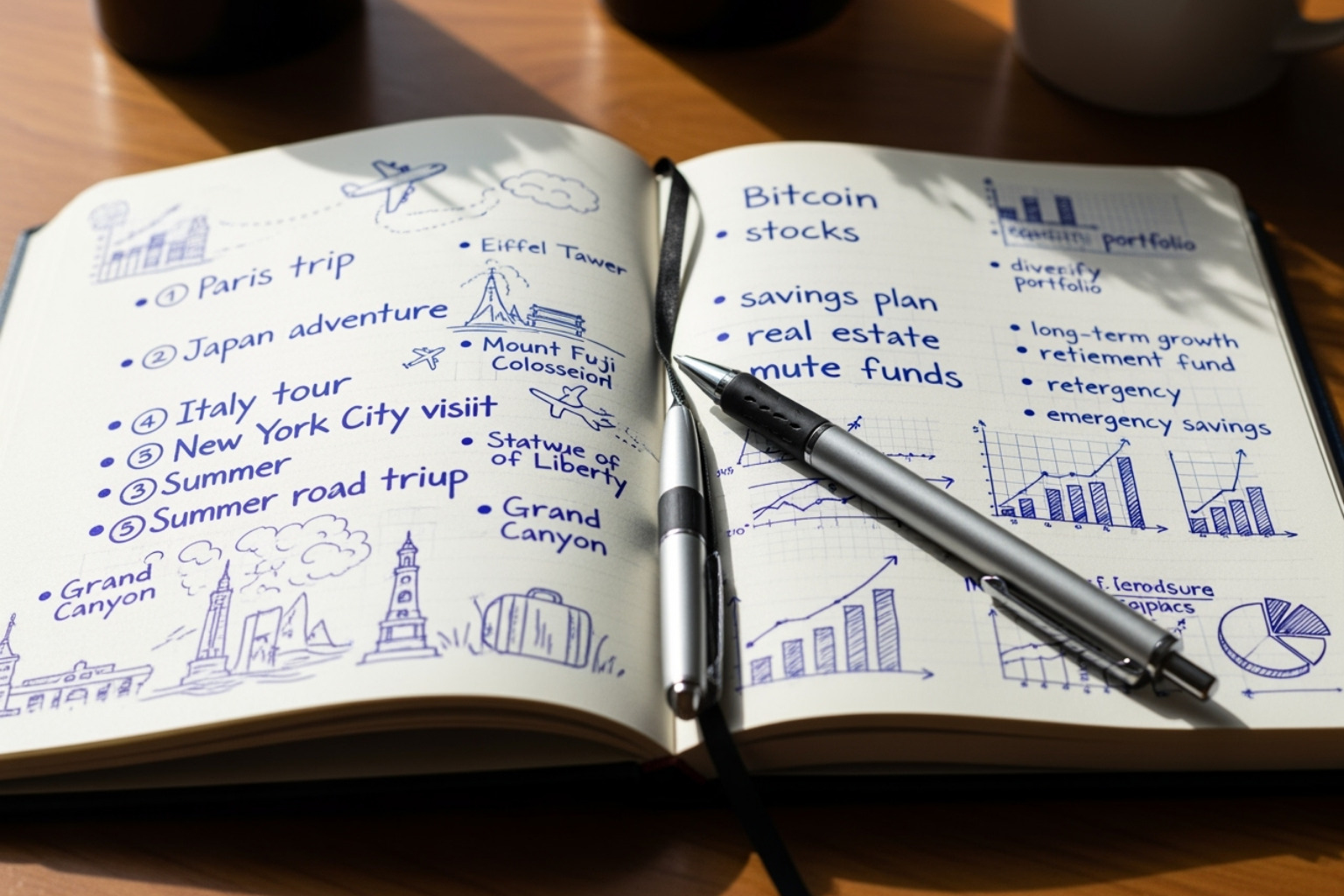 notebook with travel goals written next to investment notes - fintechzoom.com bitcoin price