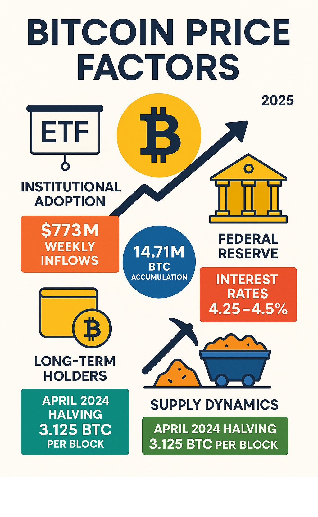 Comprehensive infographic showing Bitcoin price factors including institutional adoption through ETFs with $773M weekly inflows, Federal Reserve interest rates at 4.25-4.5%, long-term holder accumulation of 14.71M BTC, market sentiment indicators, and supply dynamics from the April 2024 halving event reducing mining rewards to 3.125 BTC per block - fintechzoom.com bitcoin price infographic 