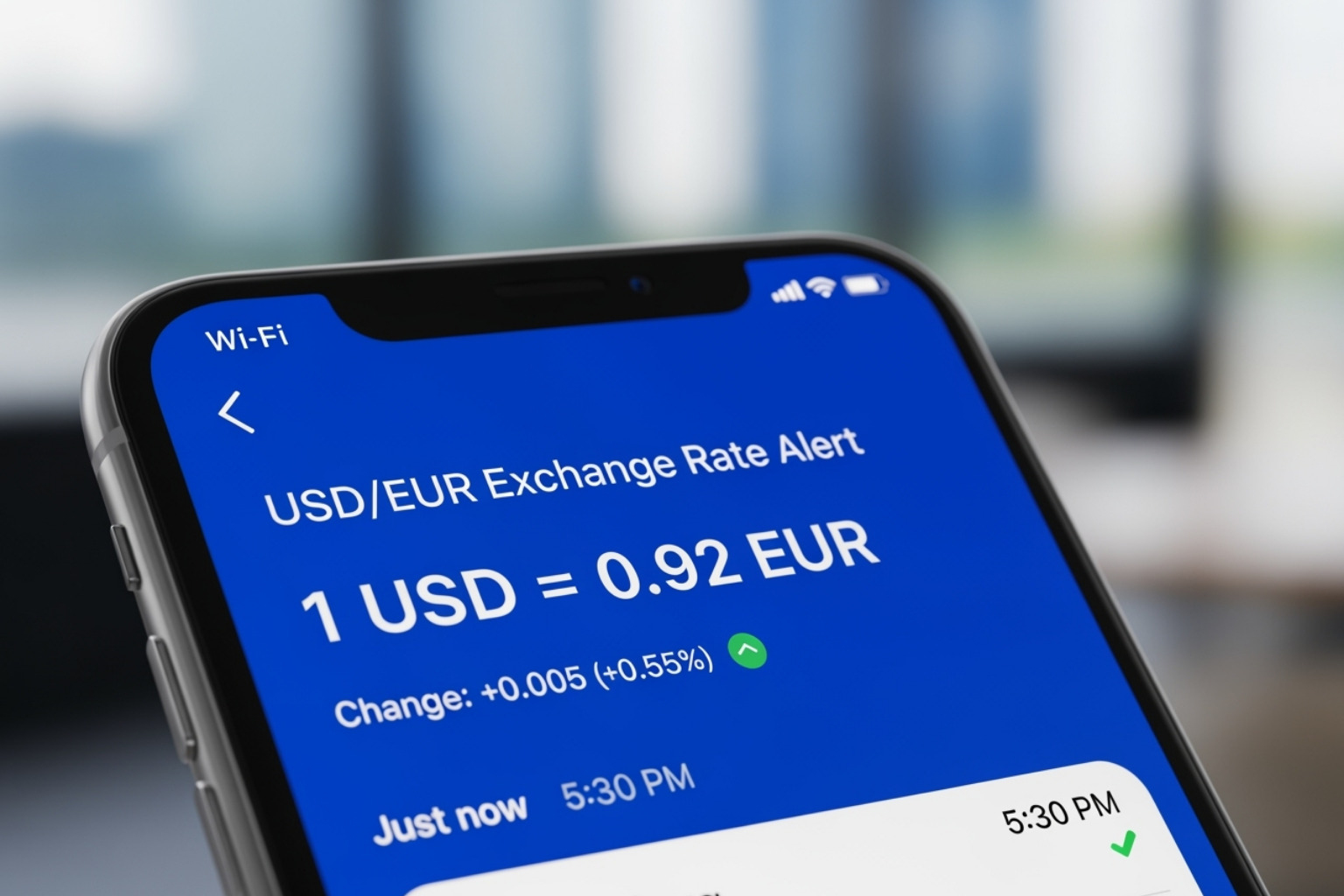Smartphone displaying a currency rate alert notification - usd to inr