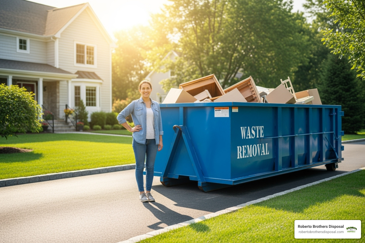 Happy homeowner next to a clean driveway with a 10-yard dumpster - 10 yd dumpster rental cost