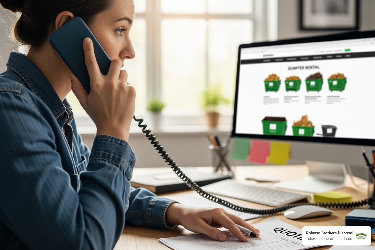 Person on phone getting a quote for a dumpster rental - 10 yd dumpster rental cost