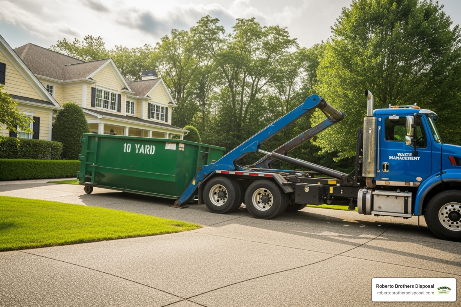 Roll-off truck delivering a 10-yard dumpster to a residential driveway - 10 yd dumpster rental cost