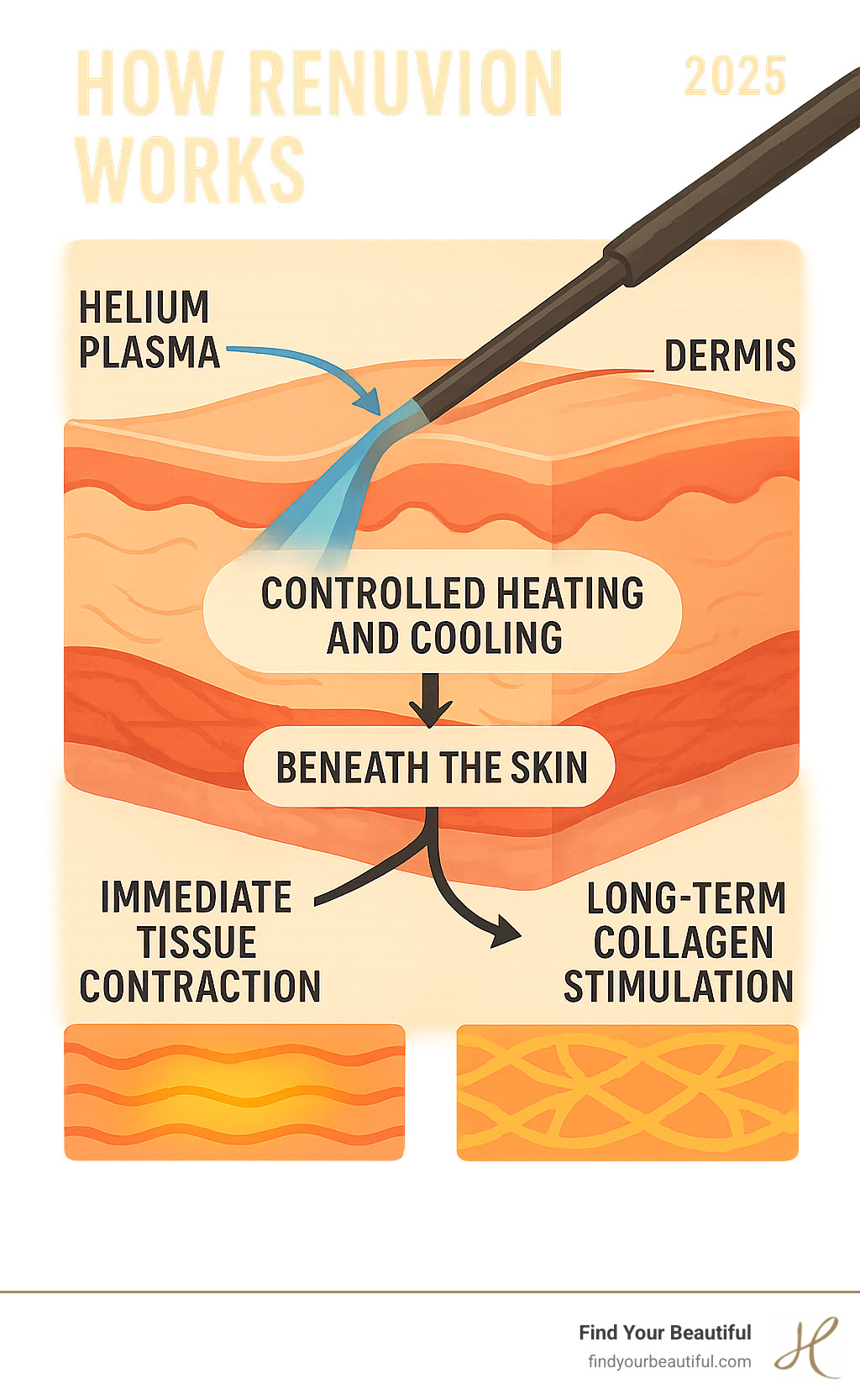 Detailed infographic showing how Renuvion combines helium plasma and radiofrequency energy to create controlled heating and cooling beneath the skin, resulting in immediate tissue contraction and long-term collagen stimulation for skin tightening - renuvion san antonio infographic 