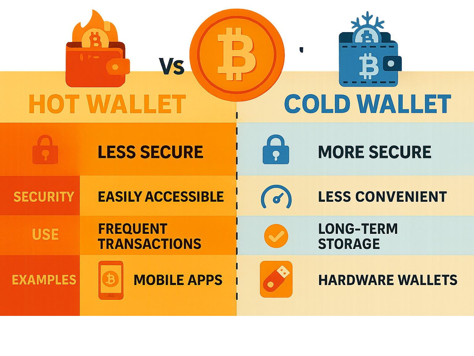 Comprehensive comparison infographic showing hot wallets versus cold wallets for Bitcoin storage, including security features, accessibility levels, recommended use cases, and popular wallet examples like hardware wallets and mobile apps - fintechzoom.com bitcoin wallet infographic 
