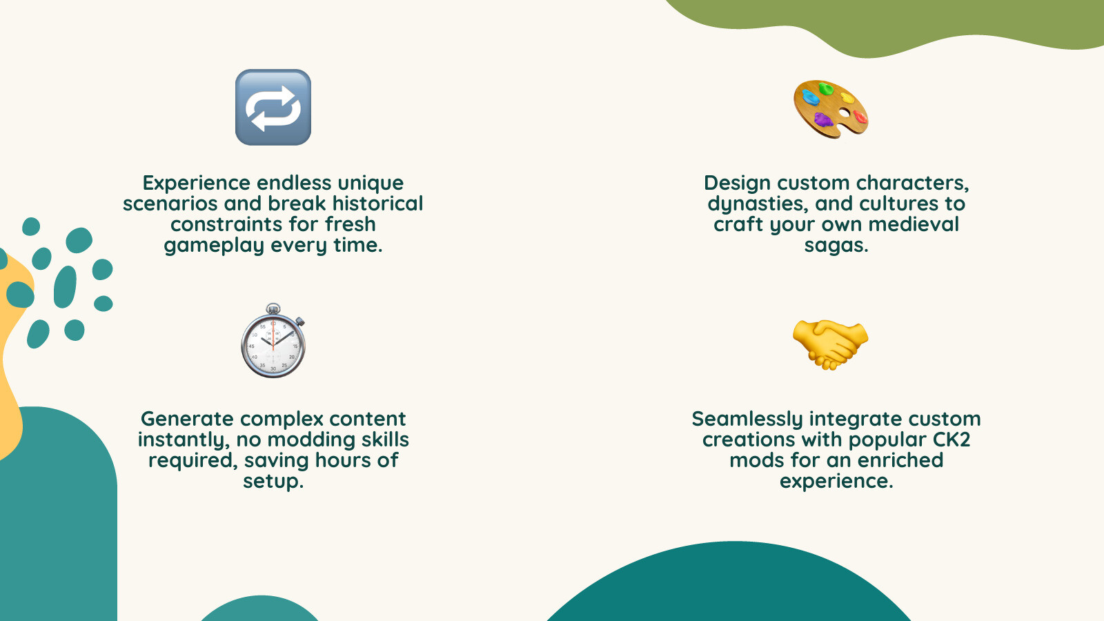 Infographic showing the benefits of using ck2generatorcom for Crusader Kings 2, including increased replayability through custom scenarios, creative freedom with character and dynasty creation, time-saving automated generation, compatibility with popular mods, and improved storytelling opportunities for both new and veteran players - ck2generatorcom infographic 4_facts_emoji_nature