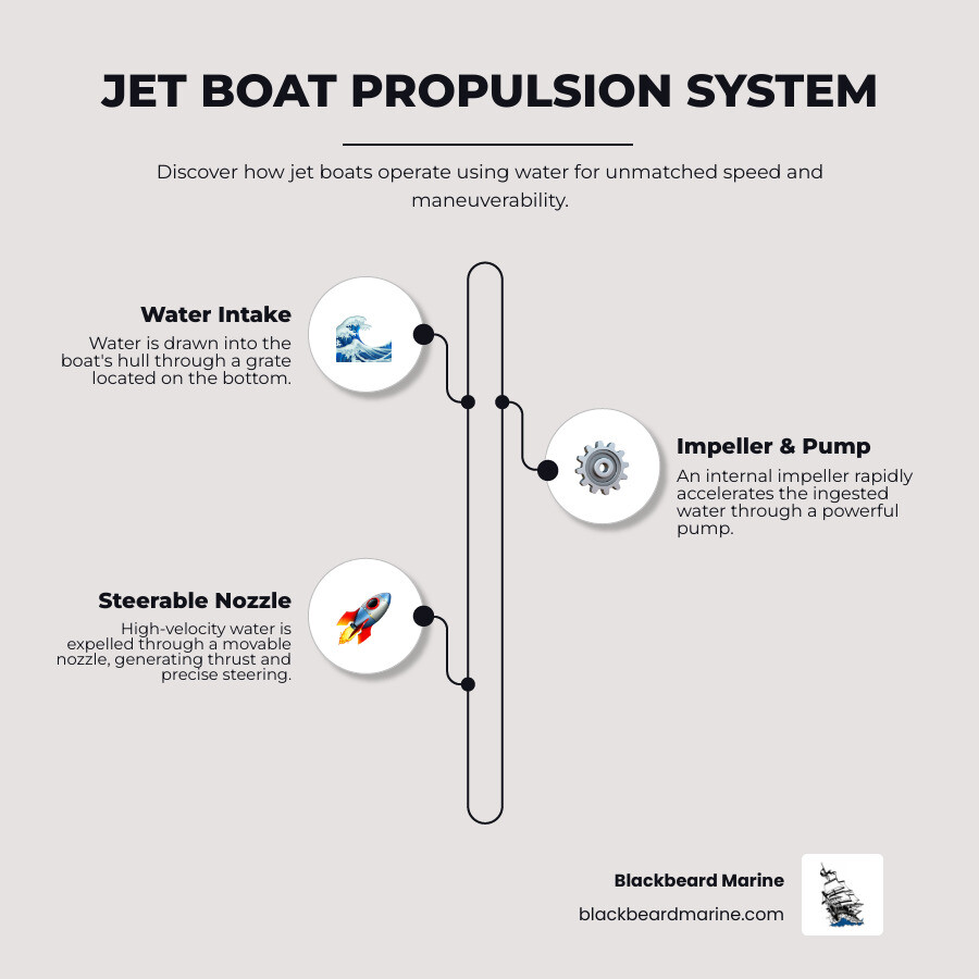 Detailed infographic showing jet boat propulsion system with water intake, impeller, and jet nozzle components, plus comparison of jet boat maneuvers including 360 spinouts, bow dunks, and power slides on Lake Taneycomo - Jet boats Branson MO infographic infographic-line-3-steps-neat_beige