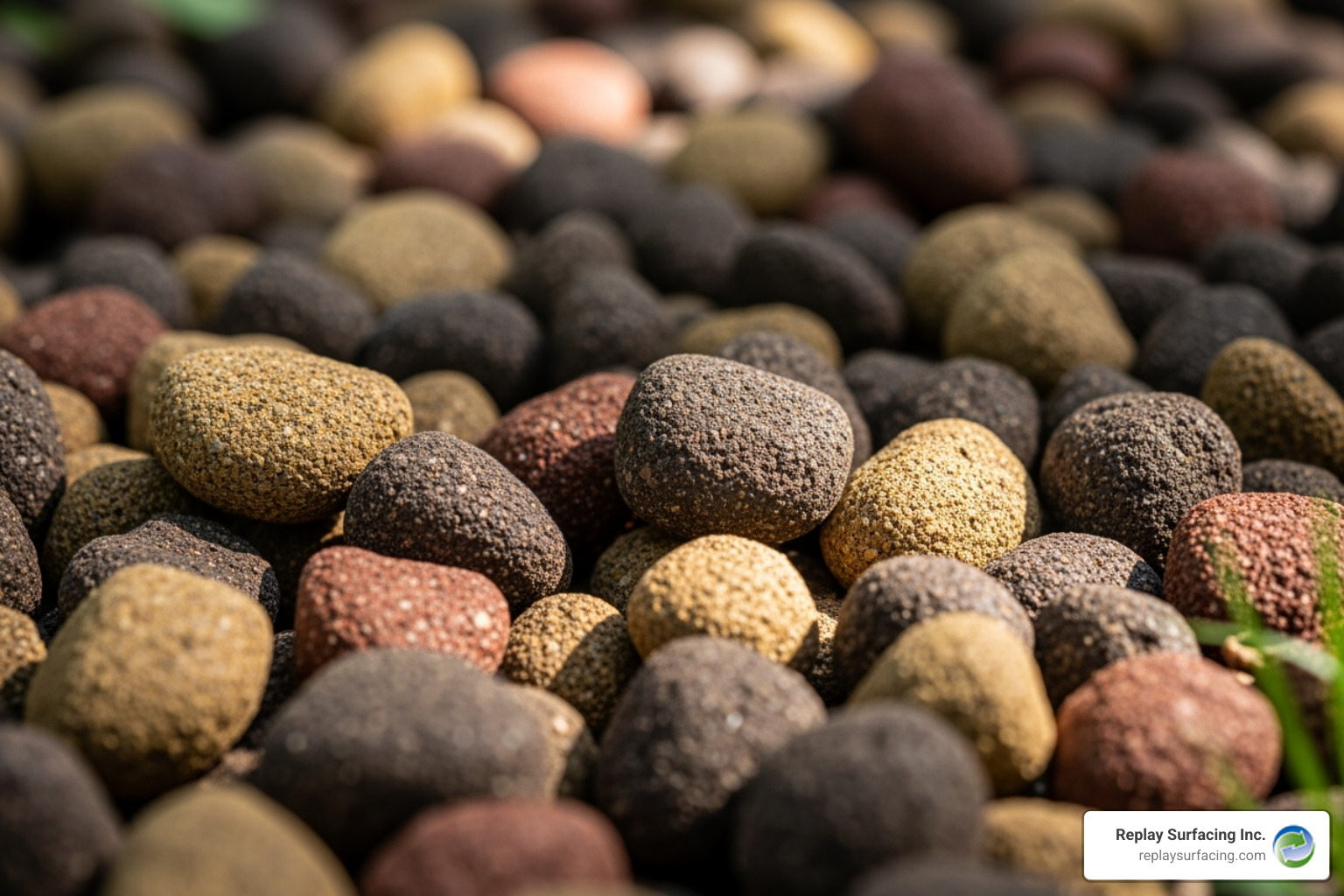 close-up of clean, wire-free rubber mulch nuggets - rubber mulch yard