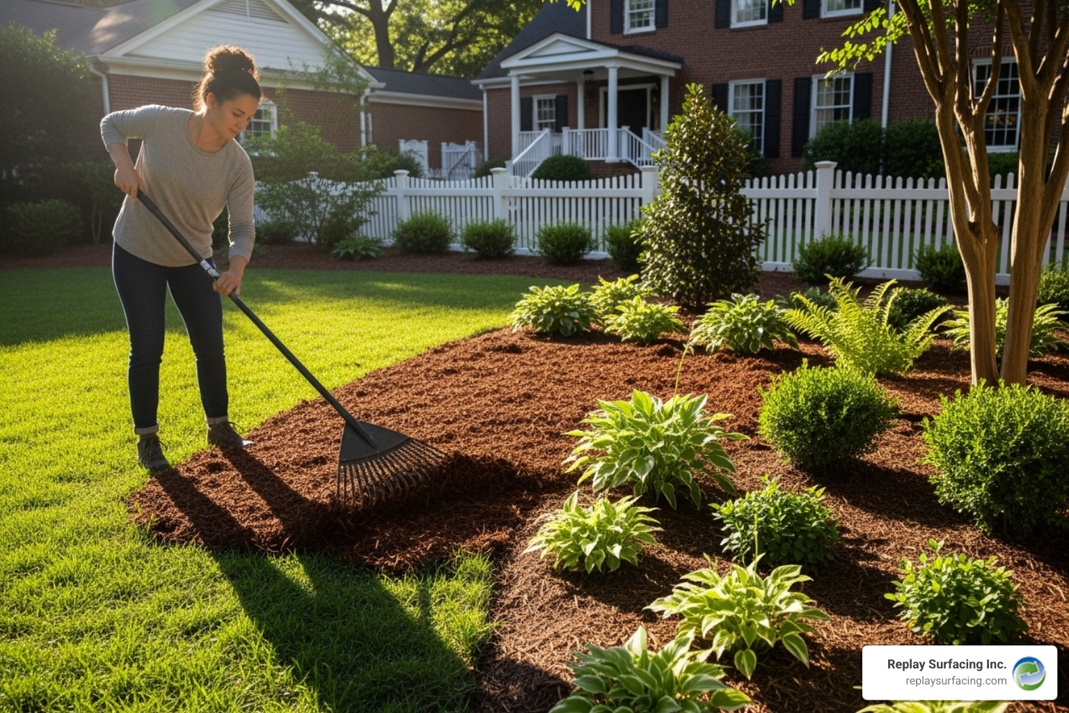 person easily spreading rubber mulch in a garden bed with a rake in a Charlotte, NC backyard - rubber mulch yard