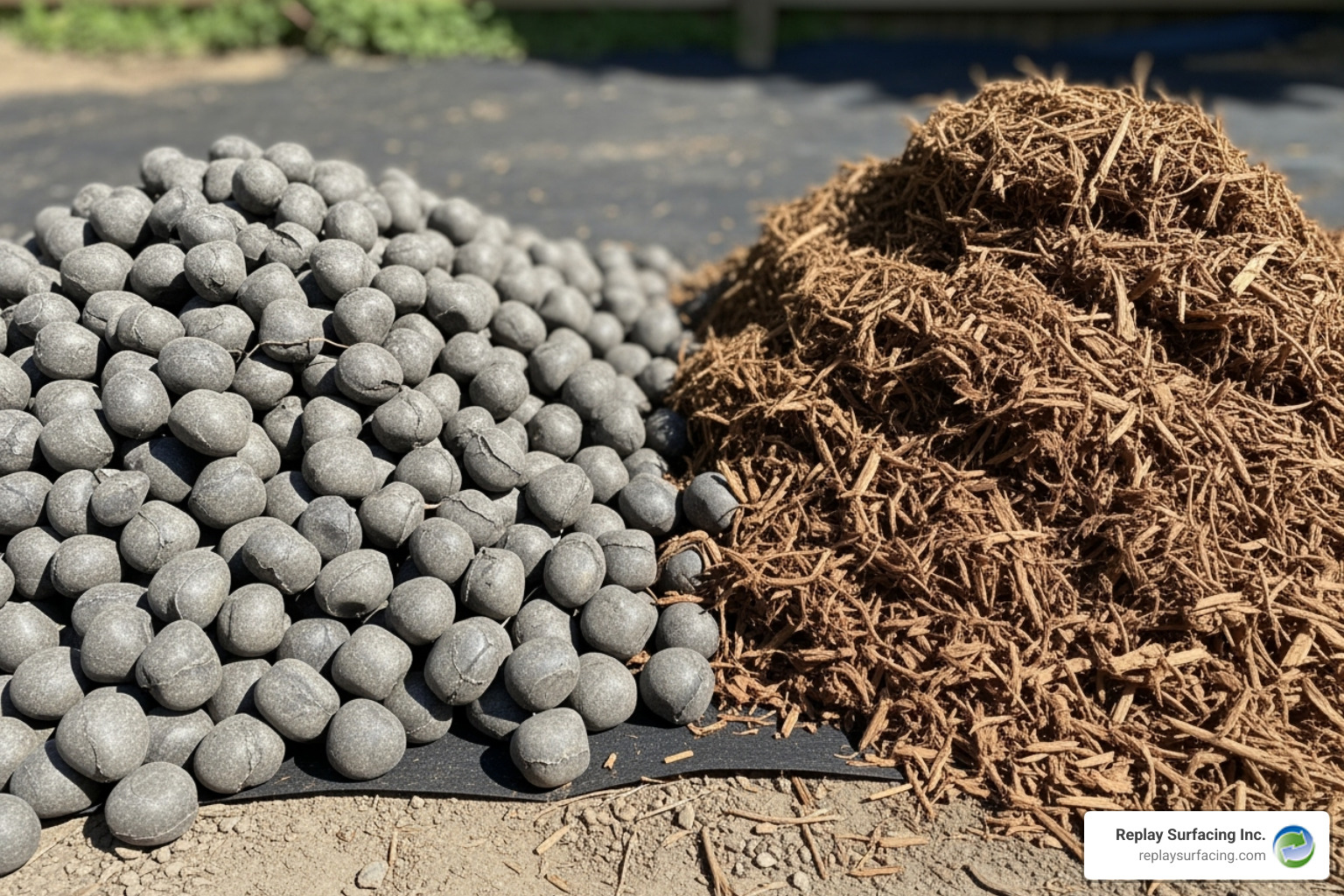 showing side-by-side examples of rubber mulch nuggets and shredded rubber mulch - rubber mulch yard