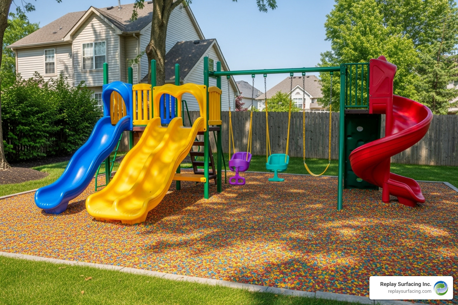 residential playground in Raleigh, NC with colorful rubber mulch, highlighting safety and aesthetics - rubber mulch yard