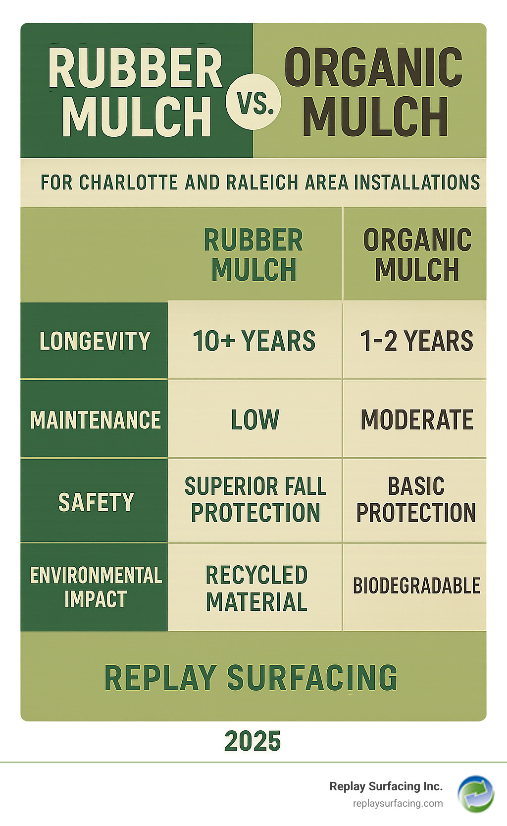 Comprehensive comparison chart showing rubber mulch vs organic mulch benefits including longevity, maintenance requirements, safety features, and environmental impact specifically for Charlotte and Raleigh area installations - rubber mulch yard infographic 