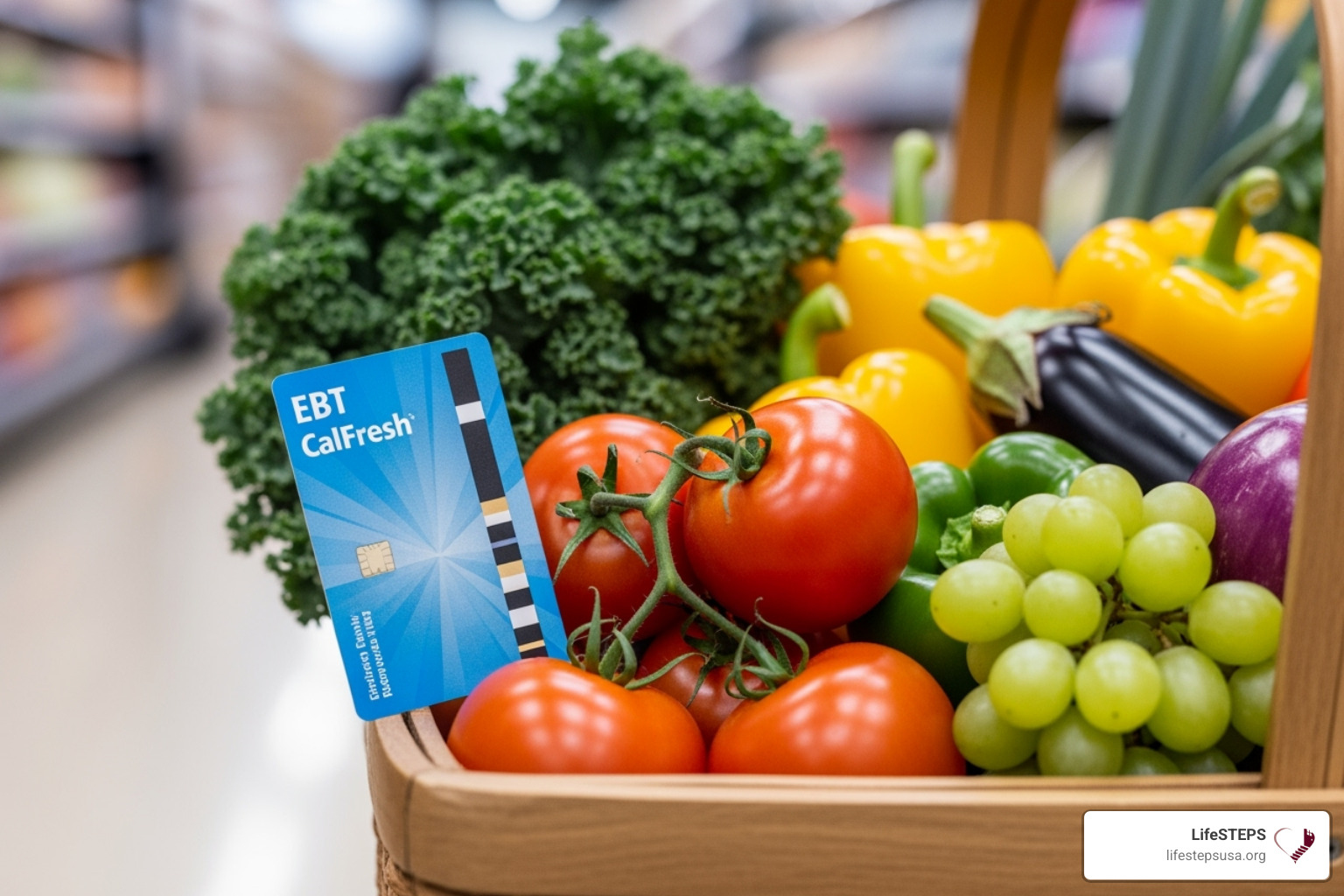 CalFresh EBT card next to a grocery basket filled with fresh produce - food assistance programs california