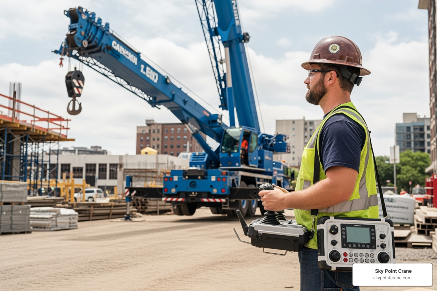 operator using a modern remote control system for a knuckle boom crane - knuckle boom truck crane
