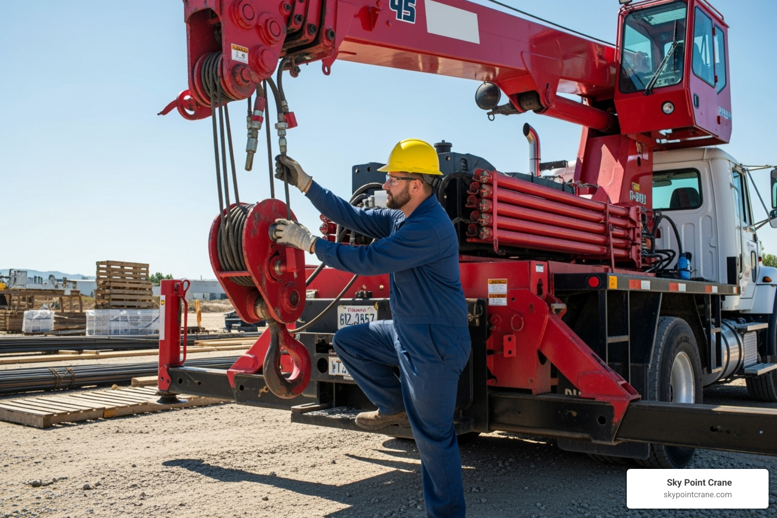 operator performing a pre-lift safety check on a knuckle boom truck - knuckle boom truck crane