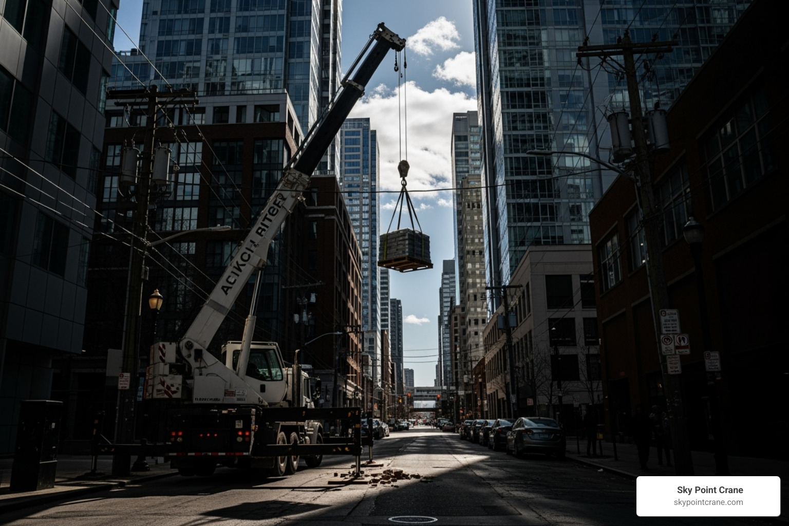 knuckle boom crane working in a tight urban environment - knuckle boom truck crane