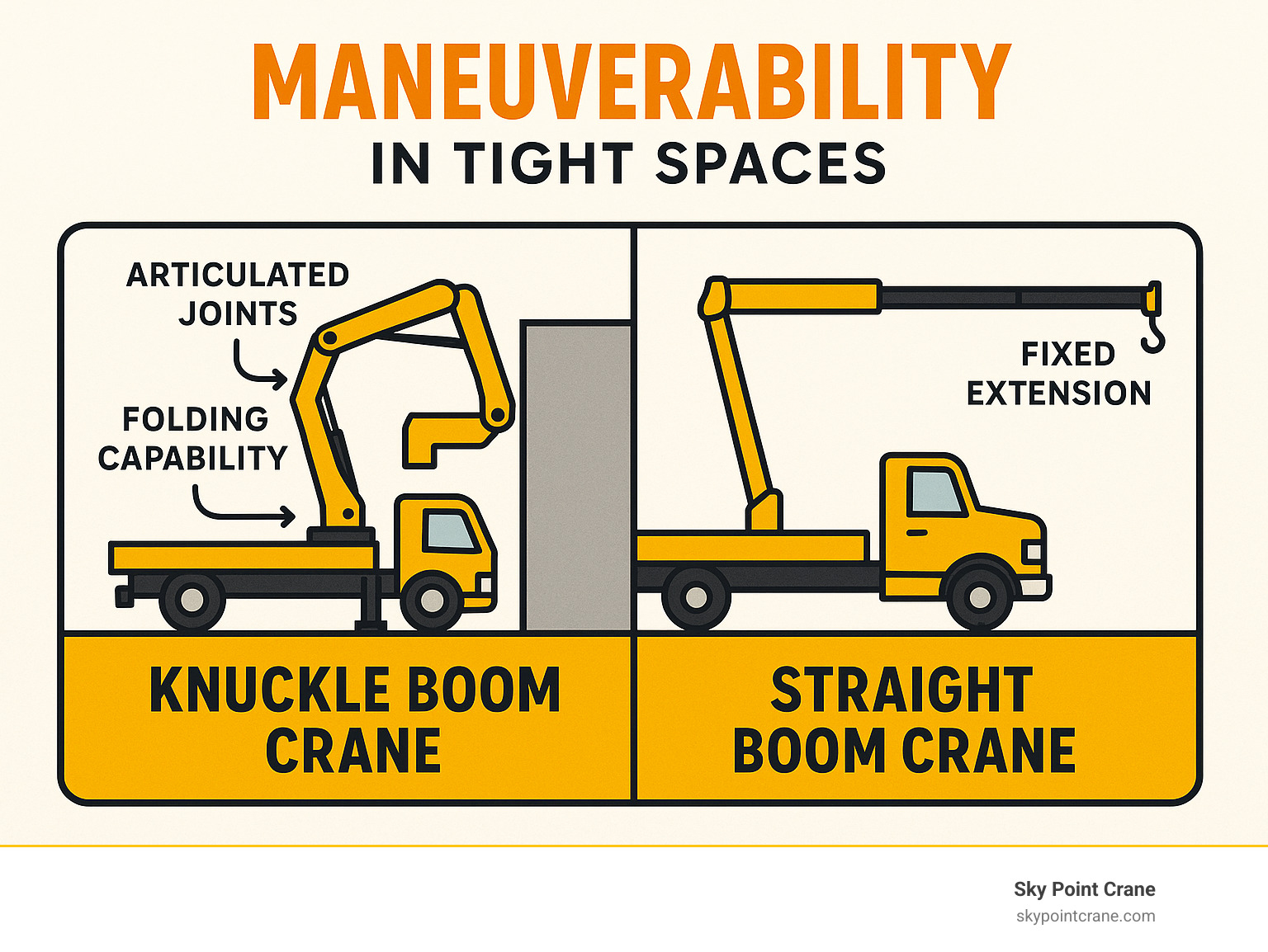 Infographic comparing knuckle boom crane articulated joints and folding capability versus straight boom crane fixed extension design, showing maneuverability advantages in tight spaces - knuckle boom truck crane infographic 