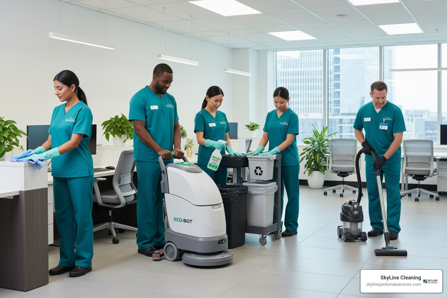 professional cleaning team with modern, eco-friendly equipment - medical office cleaning company