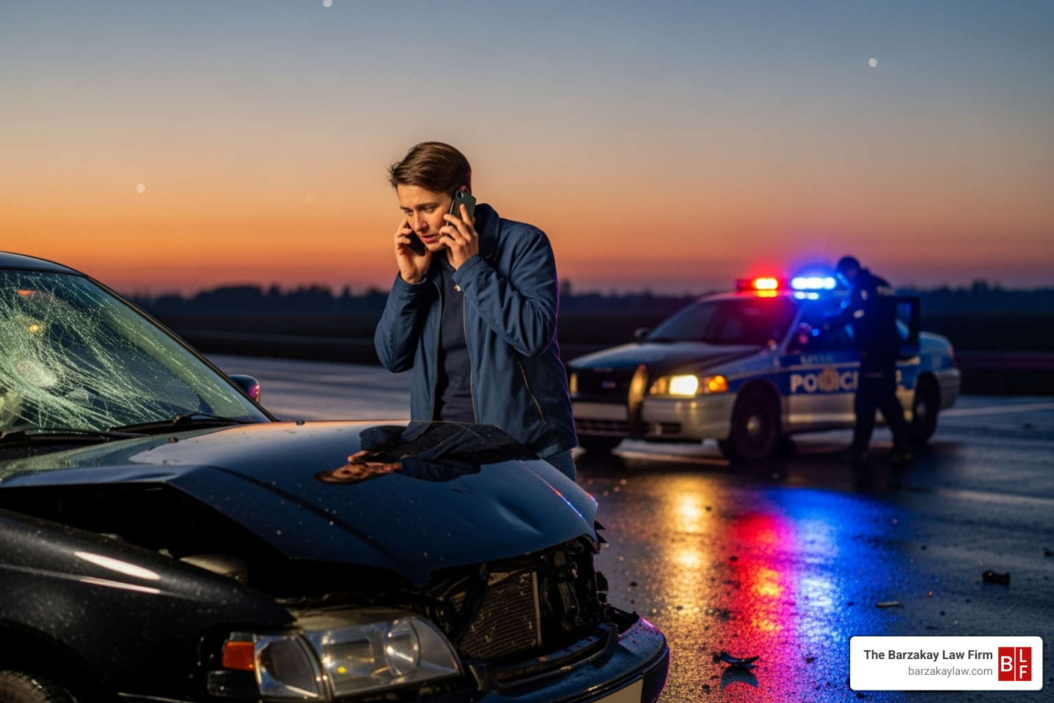 Person on the phone at an accident scene with a police car in the background - suing lyft for car accident