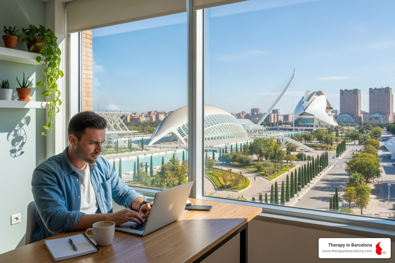 A man looking at his laptop in a bright, airy room, with a view of Valencia in the background, suggesting online therapy for expats - therapist for erectile dysfunction