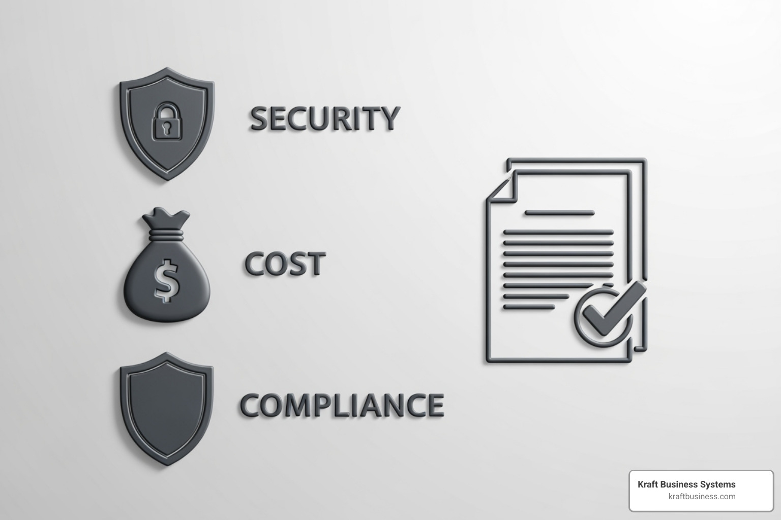 checklist with icons for security, cost, and compliance - cloud based data storage