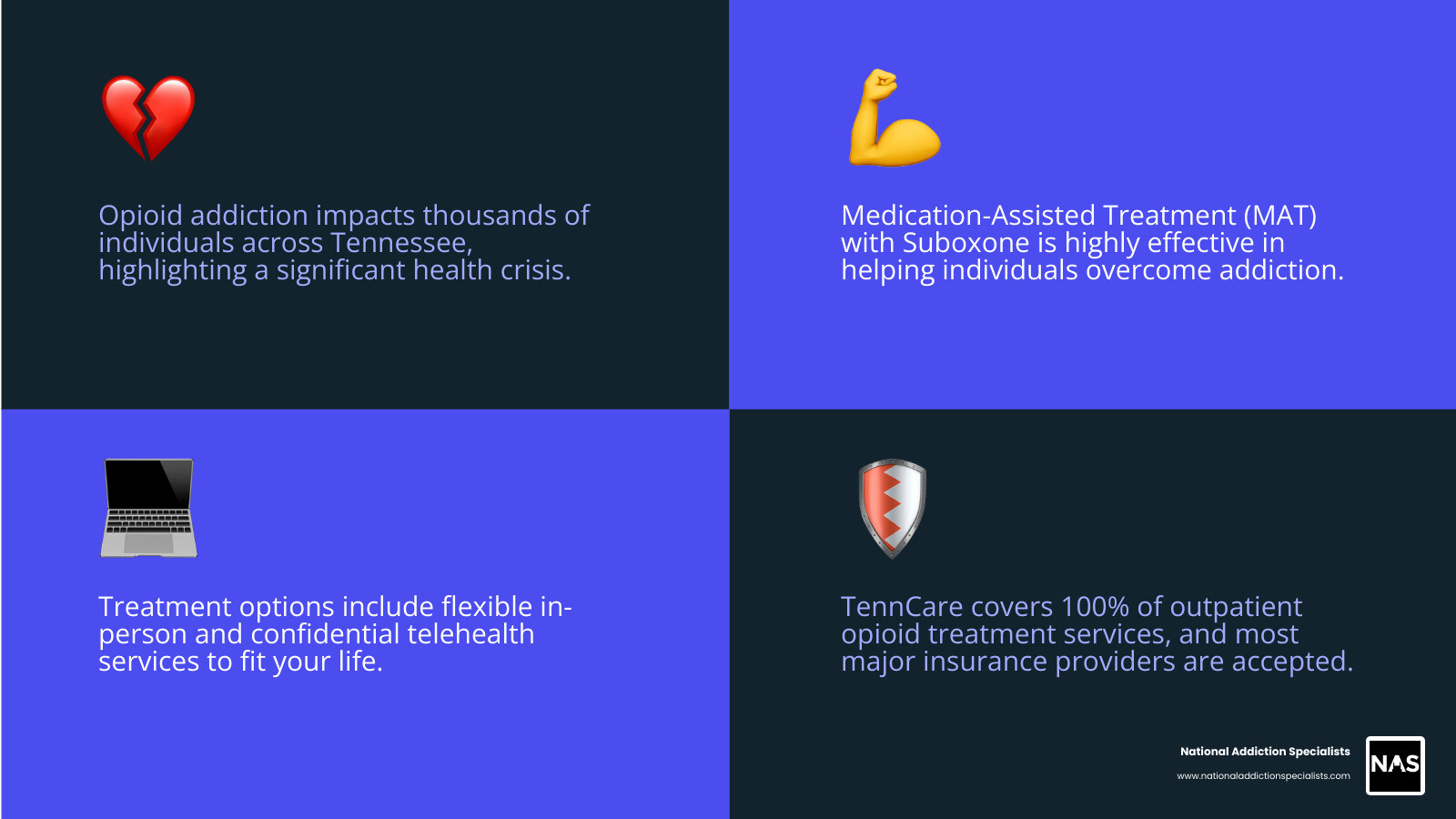 Infographic showing Tennessee opioid addiction statistics, MAT effectiveness rates, and treatment options available in Columbia including in-person clinics, telehealth services, insurance coverage through TennCare, and success rates for medication-assisted treatment programs - suboxone clinic columbia tennessee infographic 4_facts_emoji_blue