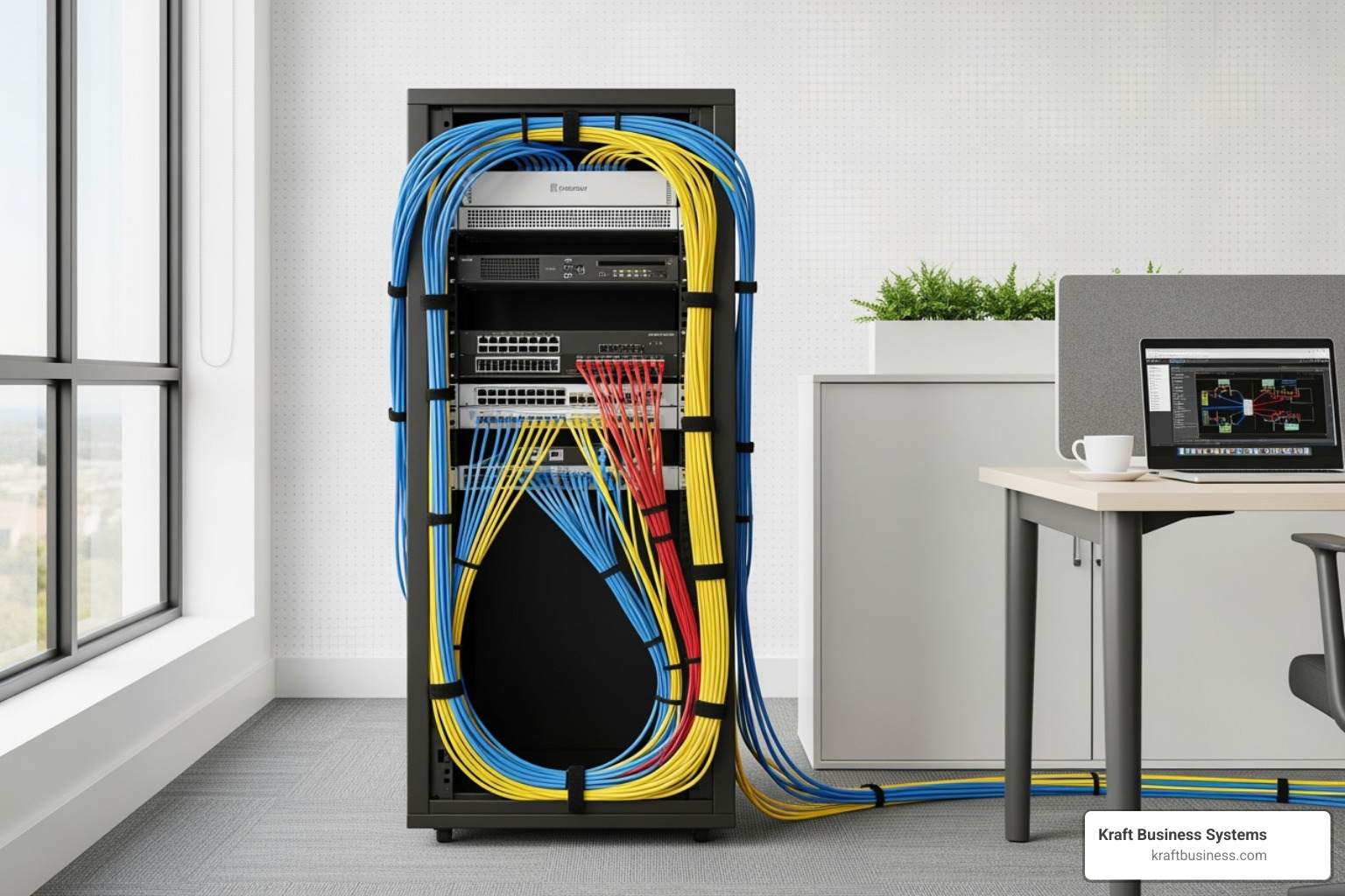 a small, organized server rack in an office - servers for computers