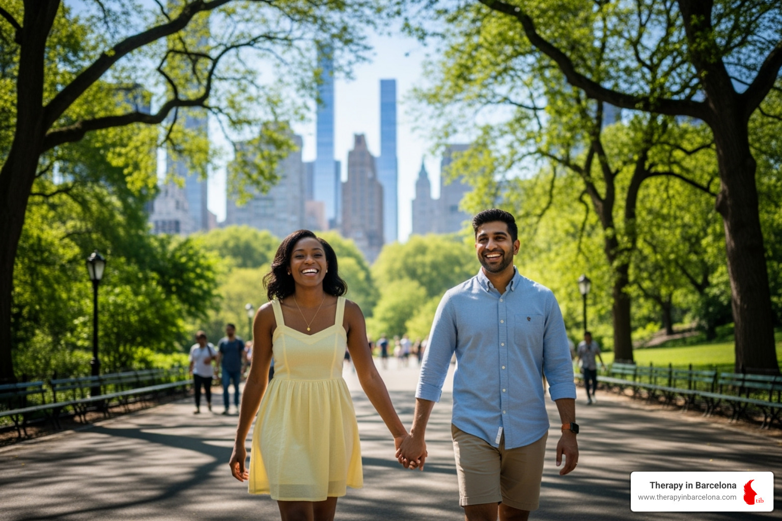 a diverse couple walking together and smiling in a recognisable Spanish location like Park Güell or Retiro Park. - narrative couples therapy