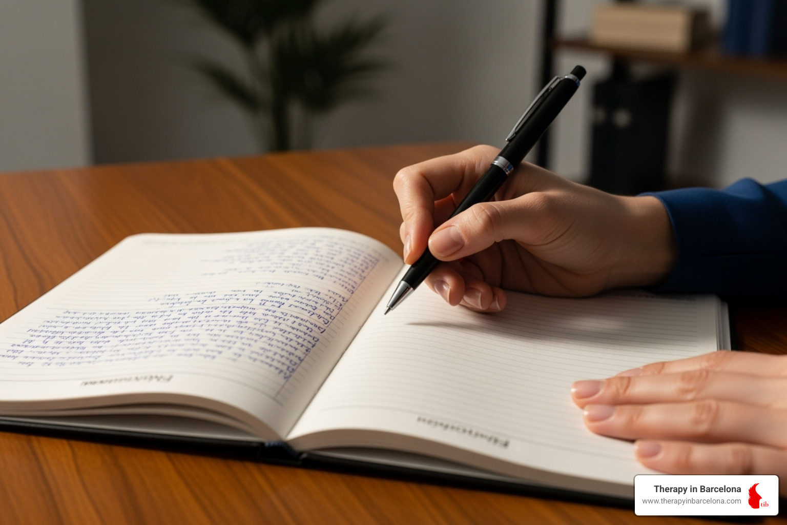 a therapist's hands holding a pen over a notebook, symbolising the re-authoring process. - narrative couples therapy