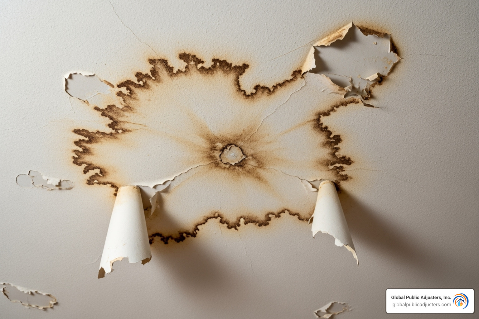 ceiling showing a large water stain and peeling paint - Water damage public adjuster