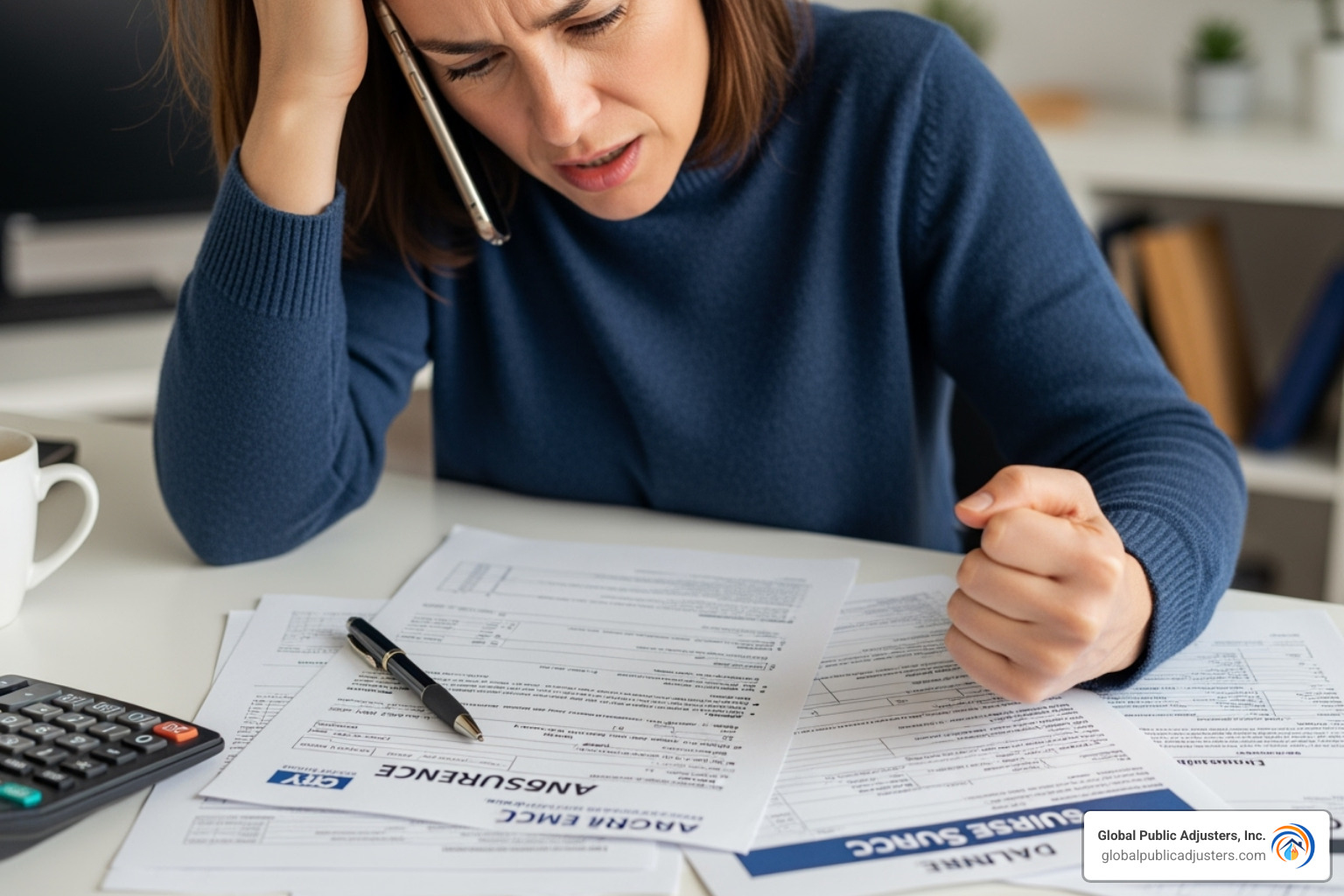 frustrated person on the phone looking at insurance paperwork - Water damage public adjuster
