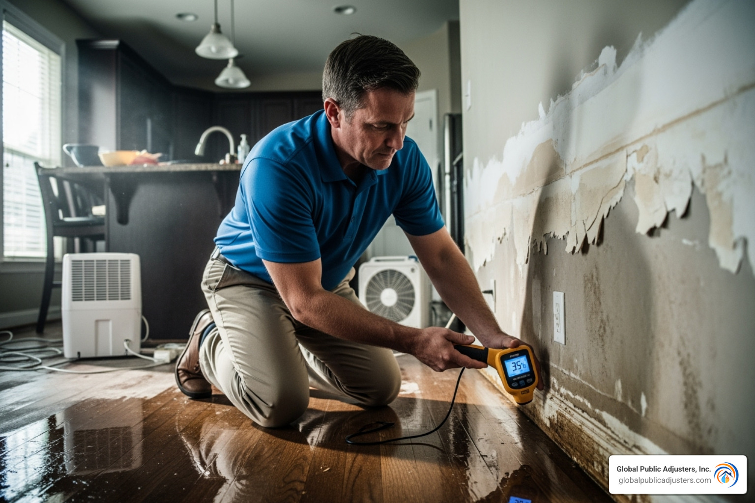public adjuster inspecting water damage with a moisture meter - Water damage public adjuster