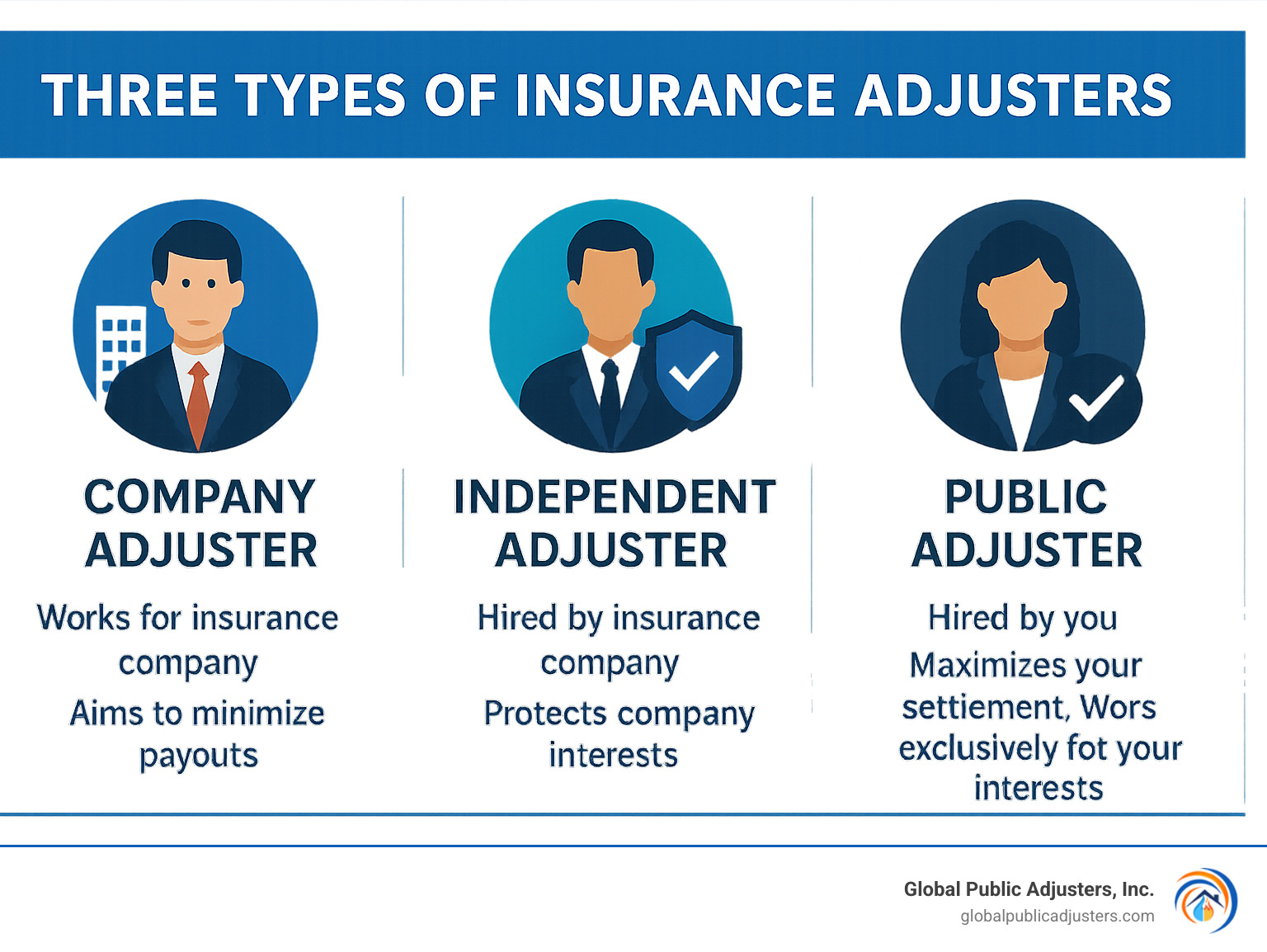 Infographic showing three types of insurance adjusters: Company Adjuster (works for insurance company, aims to minimize payouts), Independent Adjuster (hired by insurance company, protects company interests), and Public Adjuster (hired by you, maximizes your settlement and works exclusively for your interests) - Water damage public adjuster infographic 